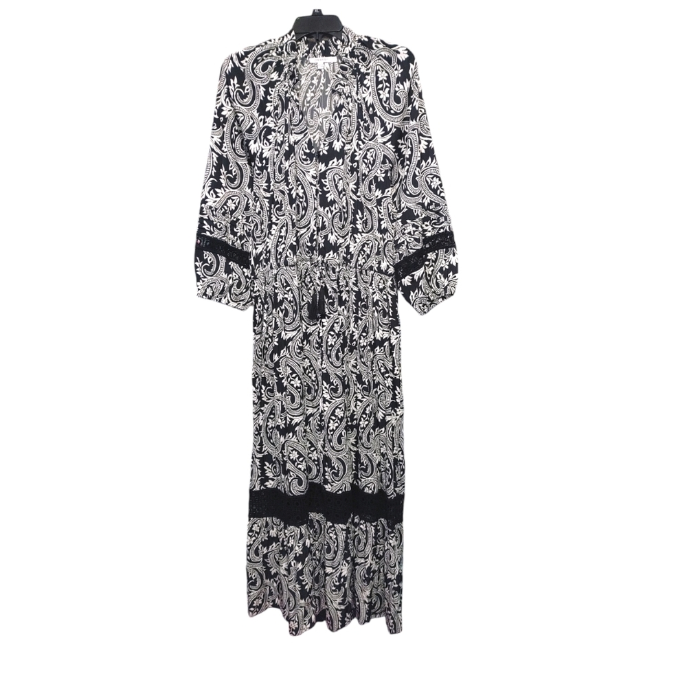Chico's Paisley Black White Crochet Detail Ruffle Maxi Dress Women's Size 14 - Picture 13 of 14